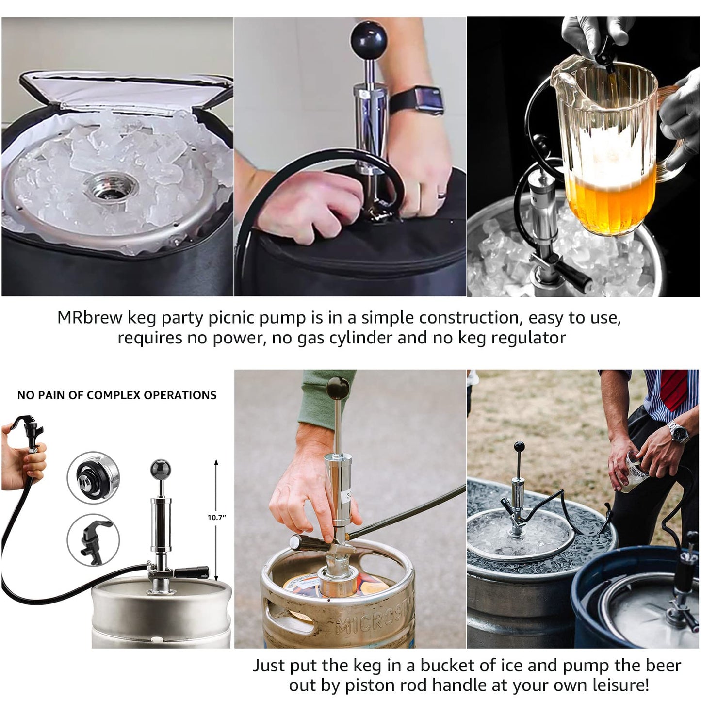 MRbrew Keg Party Pump, American D System Beer Keg Tap Keg Hand Pump 4'' Picnic Pump with Beer Faucet & Beer Hose, Chrome-Plated Keg Draft Beer Party Pump with 2 Hose Clamps Kegerator Pump for Homebrew
