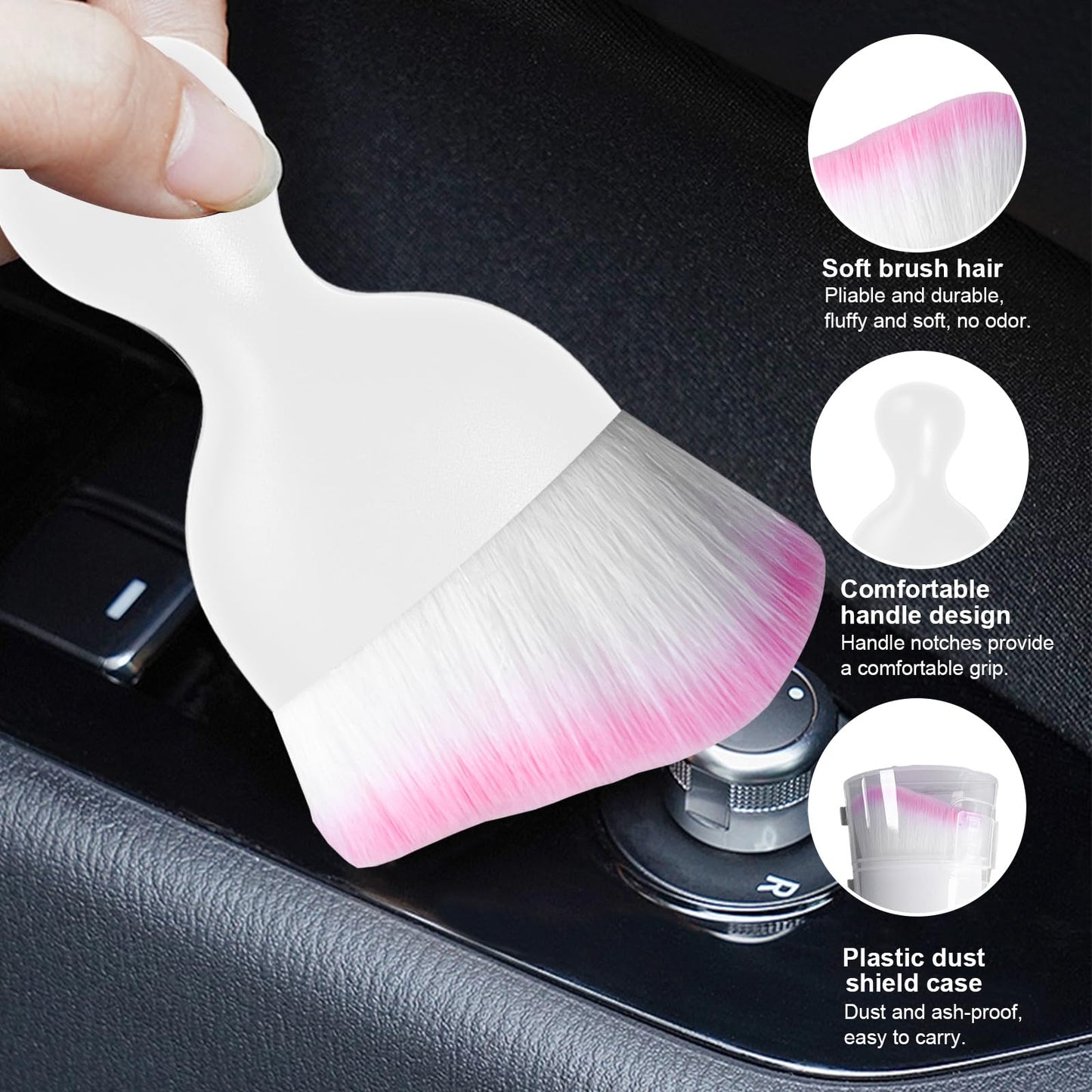 Ziciner Car Detailing Brush, Curved Soft Bristles Auto Removal Dust Collectors, Universal Vehicle Dashboard, Air Conditioner Vents etc Interior Cleaning Tool Accessory (White/White/Pink)