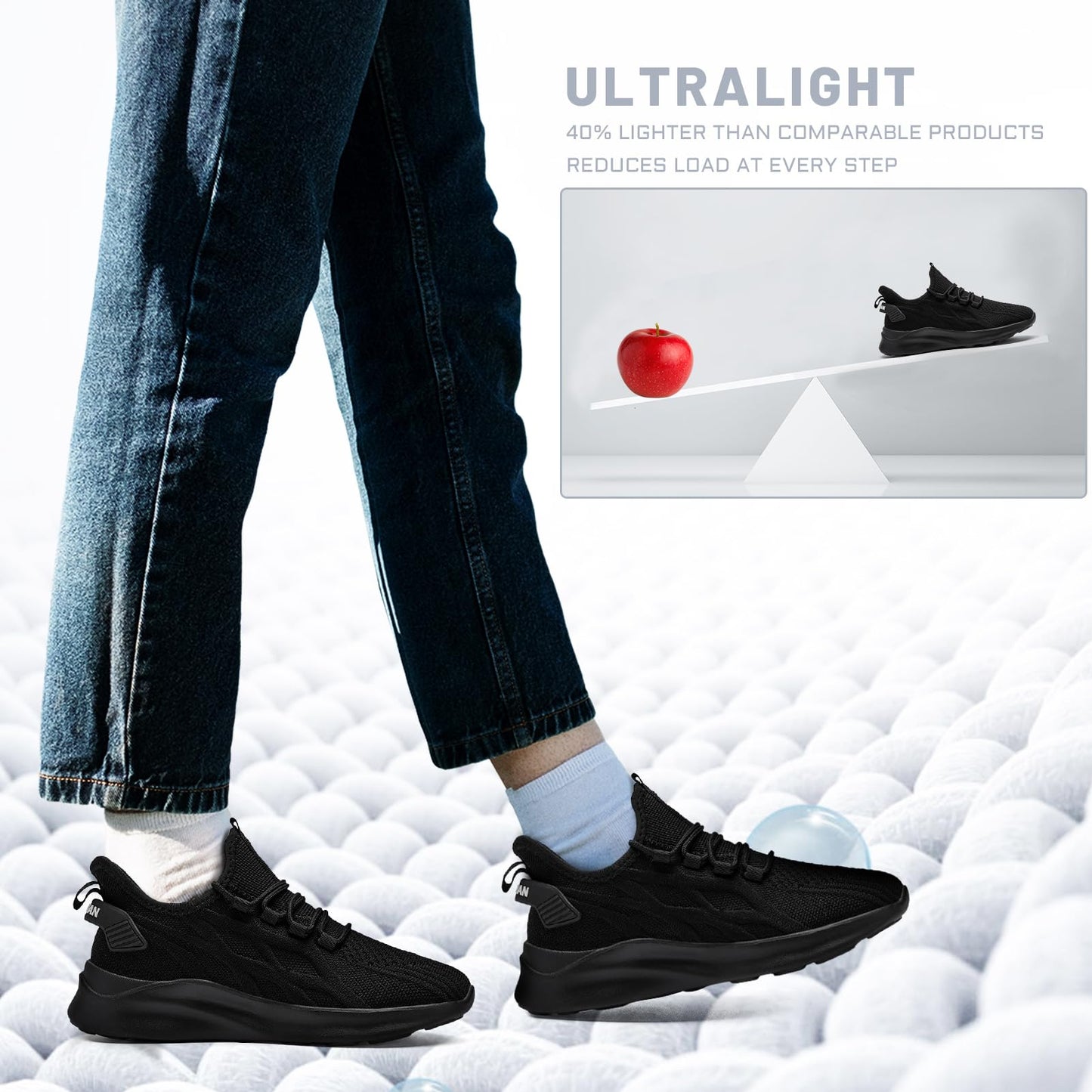 Mens Running Shoes Tennis Sneakers Walking Slip on Gym Black Workout Athletic Breathable Jogging Sport Casual Shoe Size 8.5