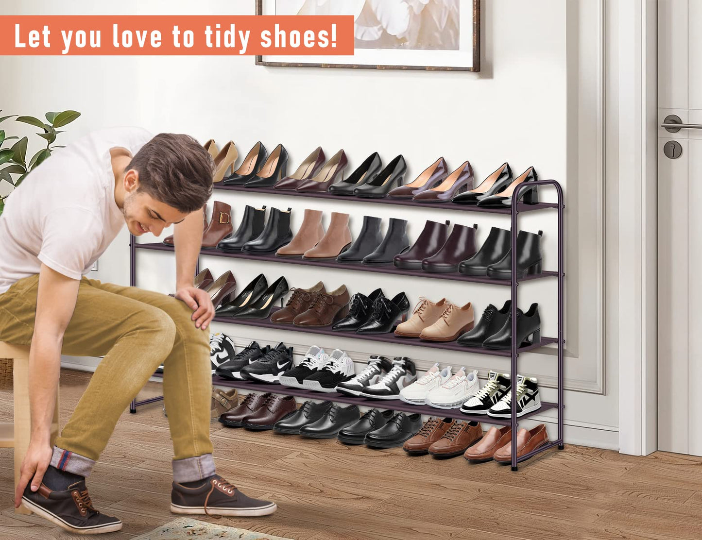 MISSLO 4 Tier Long Shoe Organizer for Closet Shoe Rack for Bedroom Closet Floor Shoe Shelf for Entryway Storage Stackable Wide Shoe Shelf Stores 30 Pairs of Men Sneakers, Brown