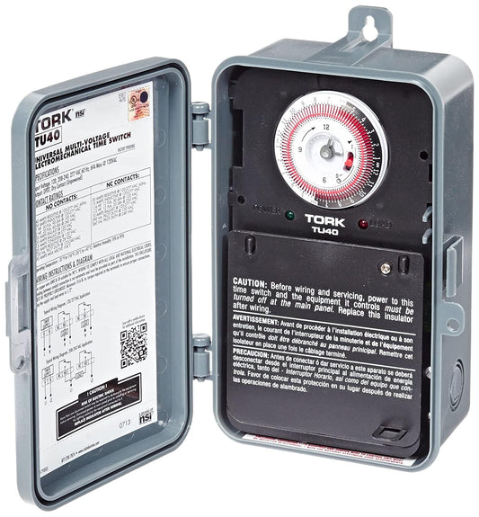 NSi Industries TORK TU40 Indoor/Outdoor 40-Amp Universal Multi-Volt Electromechanical Appliance Timer - 24-Hour Programming - Multiple On/Off Settings - 120-277-Volt - Compatible with Incandescent/Compact Fluorescent/LED - Same On/Off Times Each Day