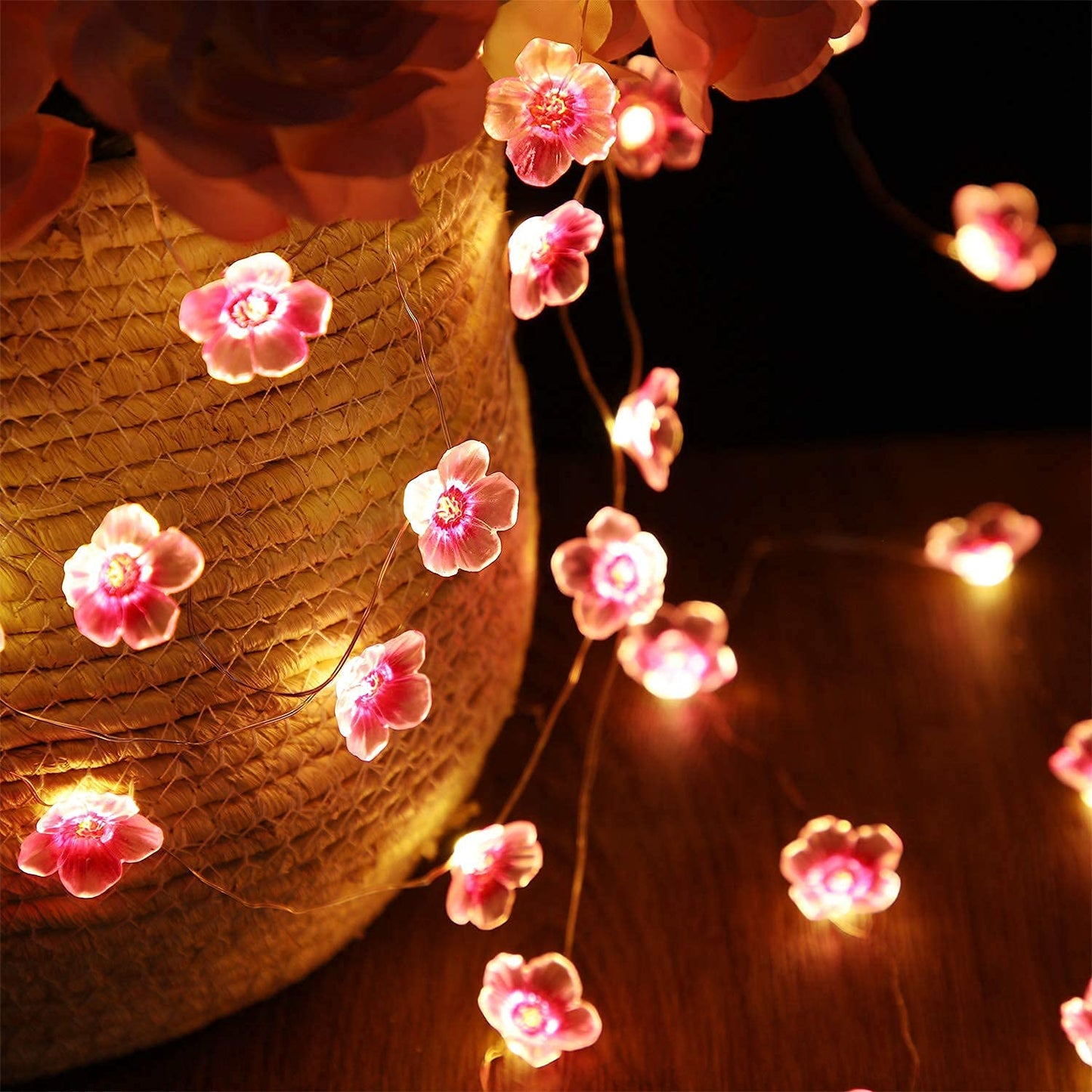 Mudder 13 FT 40 LEDs Cherry Blossom Flower String Lights for Bedroom, Pink Fairy Lights USB and Battery Operated Decorative String Lights Indoor Outdoor(1 Pack)