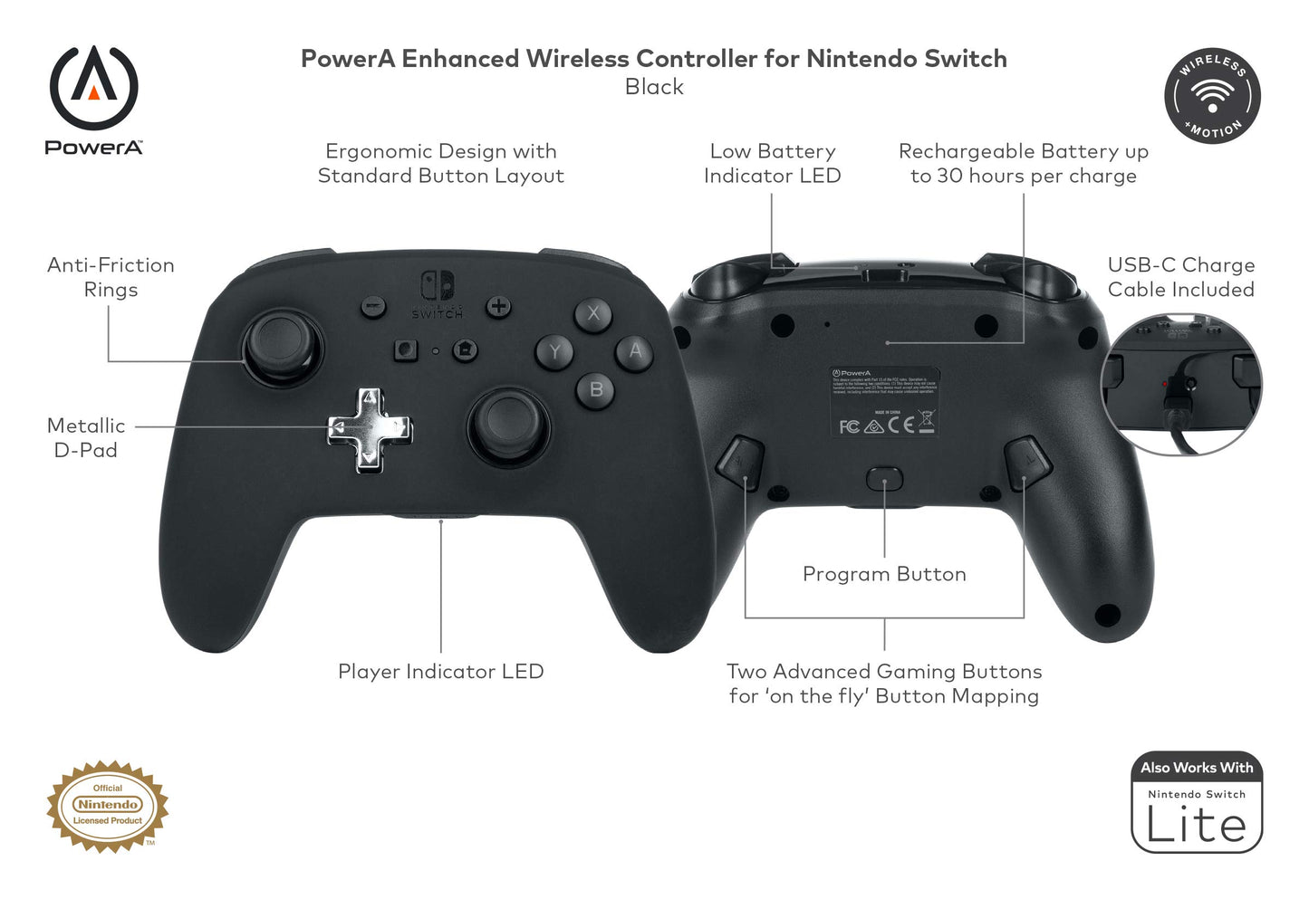 PowerA Enhanced Wireless Controller for Nintendo Switch / Switch 2 / Switch Lite / OLED Model - Black - Gamepad, game controller, Officially Licensed