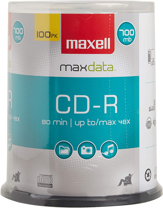 Maxell 648200, Premium Quality Noise free Surface Playback Recordable CDs 700Mb Storage – 2x to 48x, Write Speed 80 minutes - Blank CDs, CD Storage & Reusable Spindle Case Holder – 100 Pack