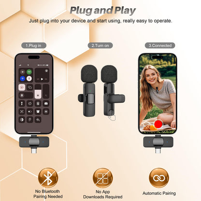 2 in 1 Wireless Lavalier Microphone for iPhone iPad and Android Phone, Plug and Play Laple Mics with Noise Reduction, 65FT Range, Real-Time Sync Microphone for Video Recording, Streaming, Interviews