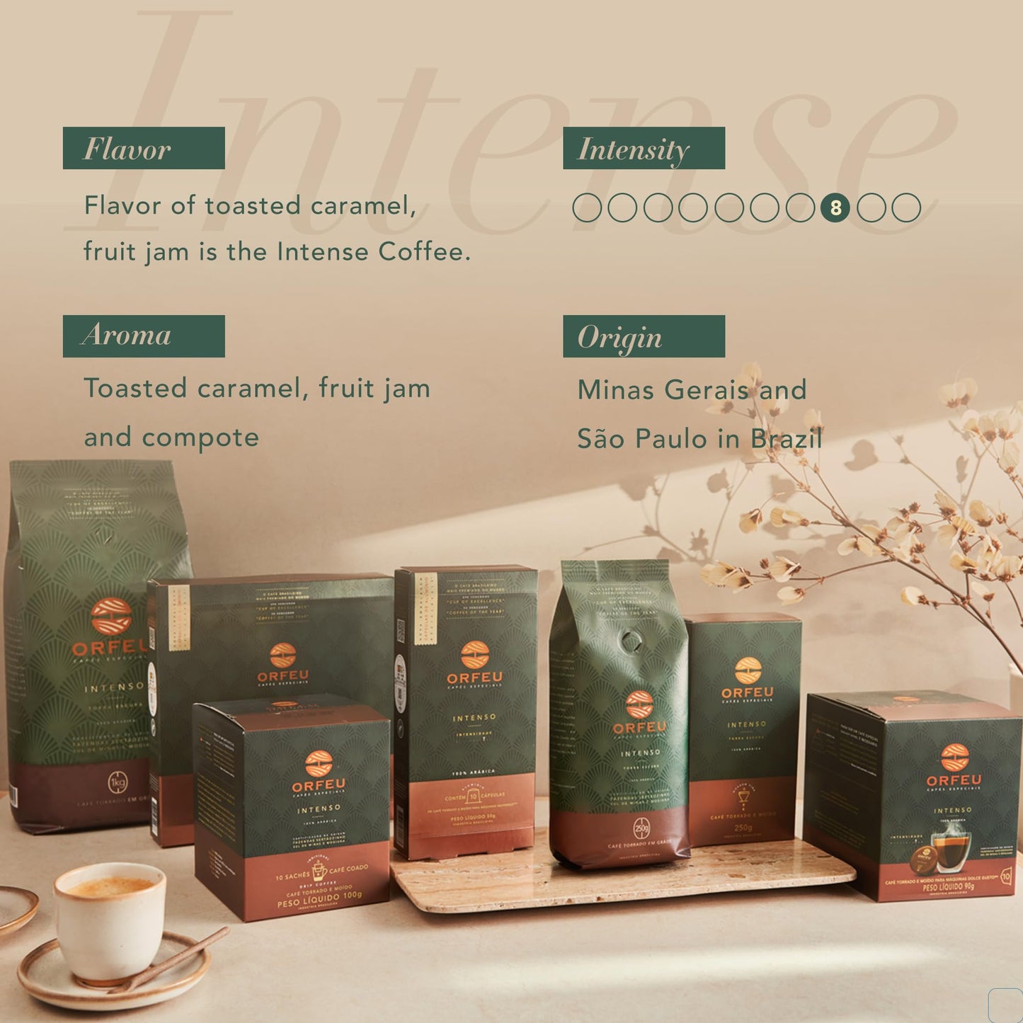 ORFEU - Special Coffee Intense - Drip Sachet - 100% Arabica Coffee, Dark Roast, Aroma of Toasted Caramel & Fruit Jam, Low Acidity, Made In Brazil, Velvety Body - 10 Units, 100g