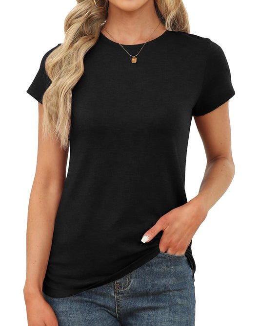 Memorose Womens Short Sleeve Tops Summer T Shirts Round Neck Fashion Causal Basic Tee Black M