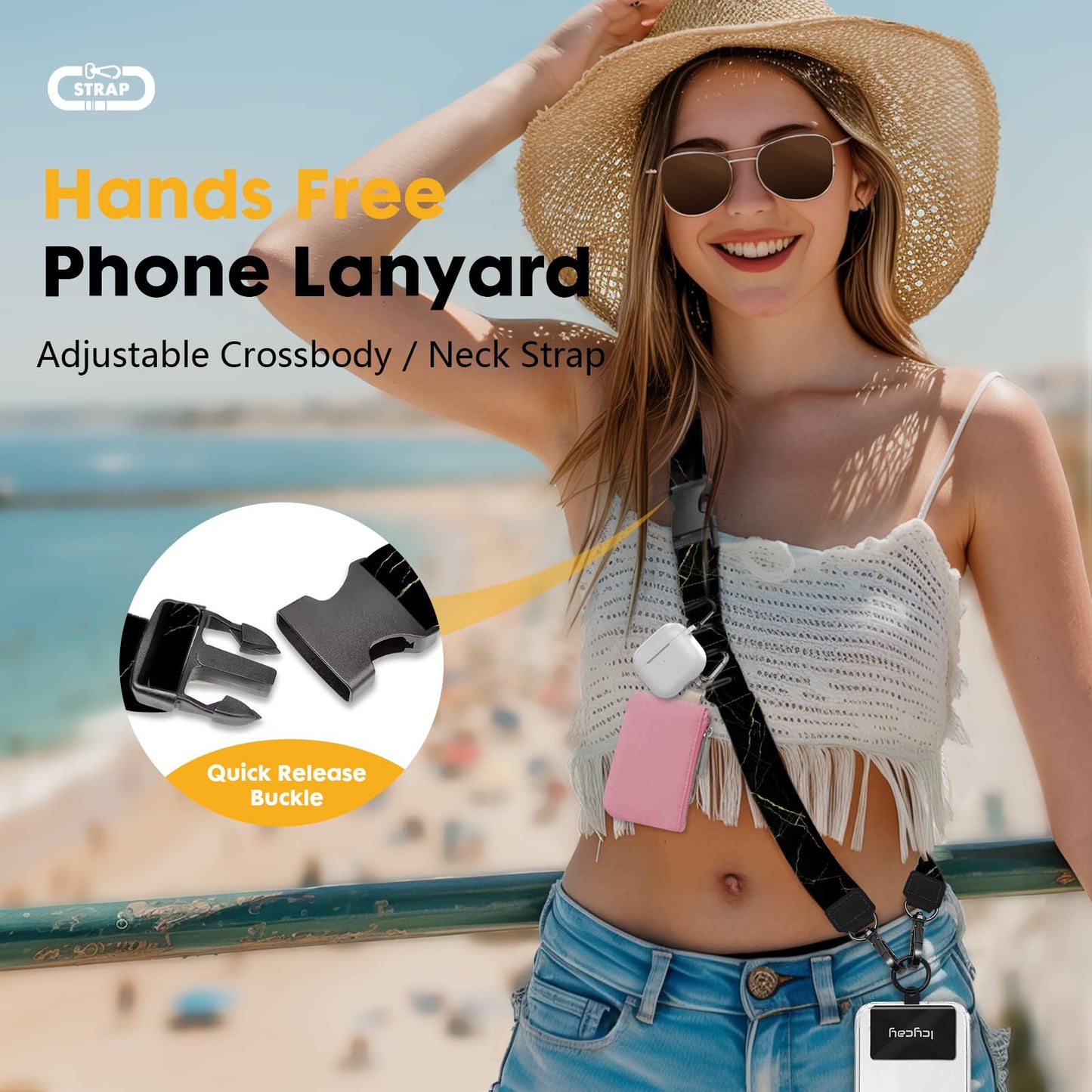 Icycay Phone Lanyard Crossbody, Black Marble Cell Phone Strap for Around The Neck Adjustable, Anti Theft Cute Lanyard for iPhone Case ID Holder Keys Accessories Travel Essential