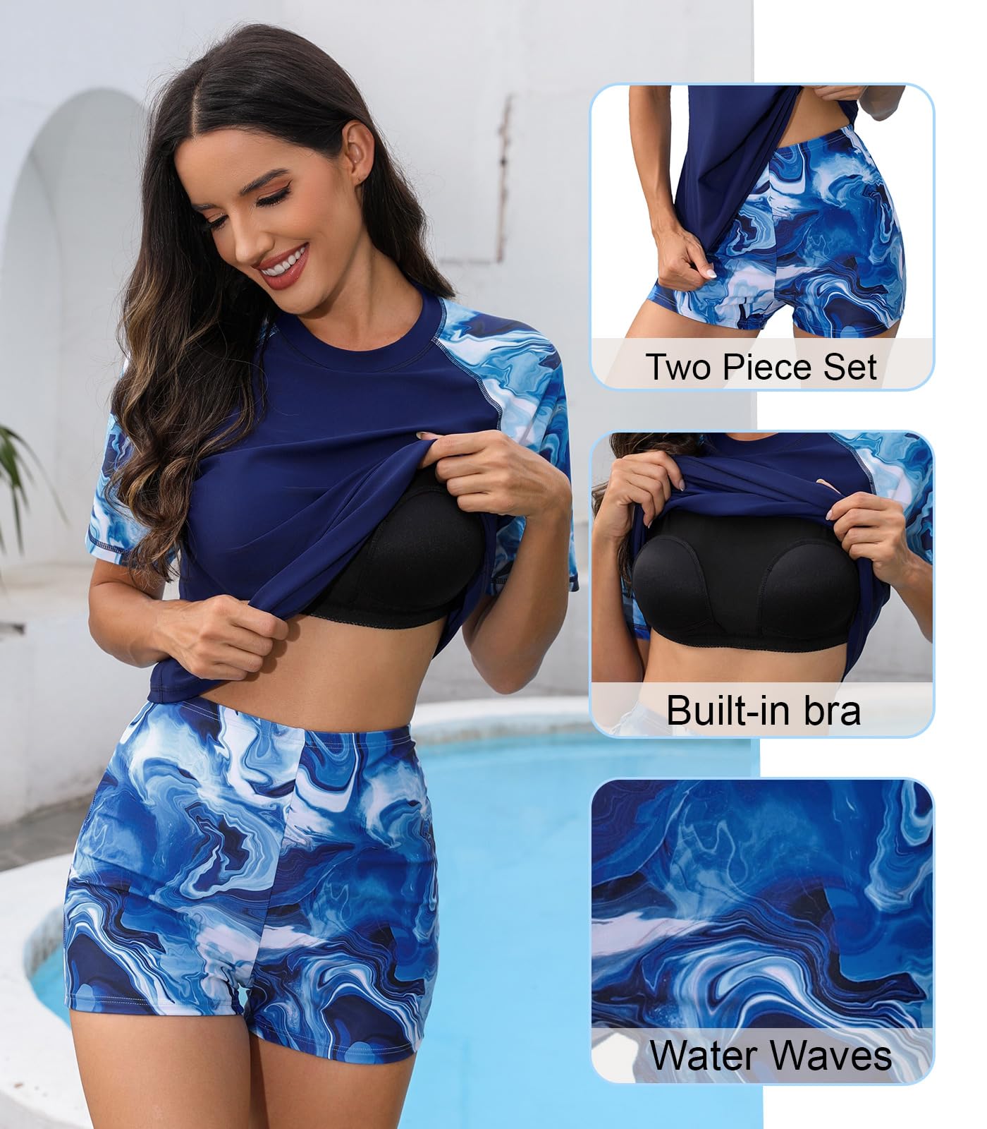 Halcurt Women's Rash Guard Set Padded 2 Piece Swimsuit with Boyleg Shorts Navy XL