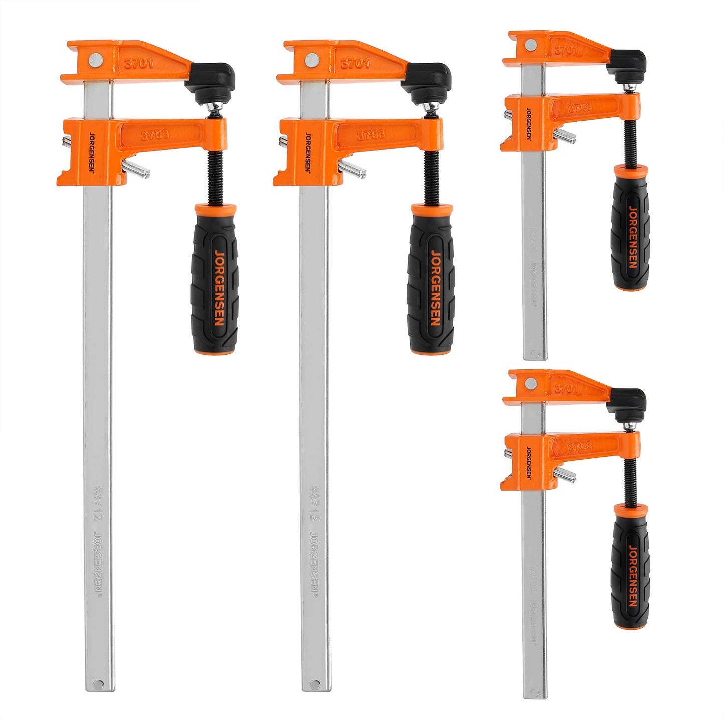 JORGENSEN 4-pack Steel Bar Clamps Set, 6-inch (2) & 12-inch (2) Medium Duty F-Clamp, 600 Lbs Load Limit, for Woodworking