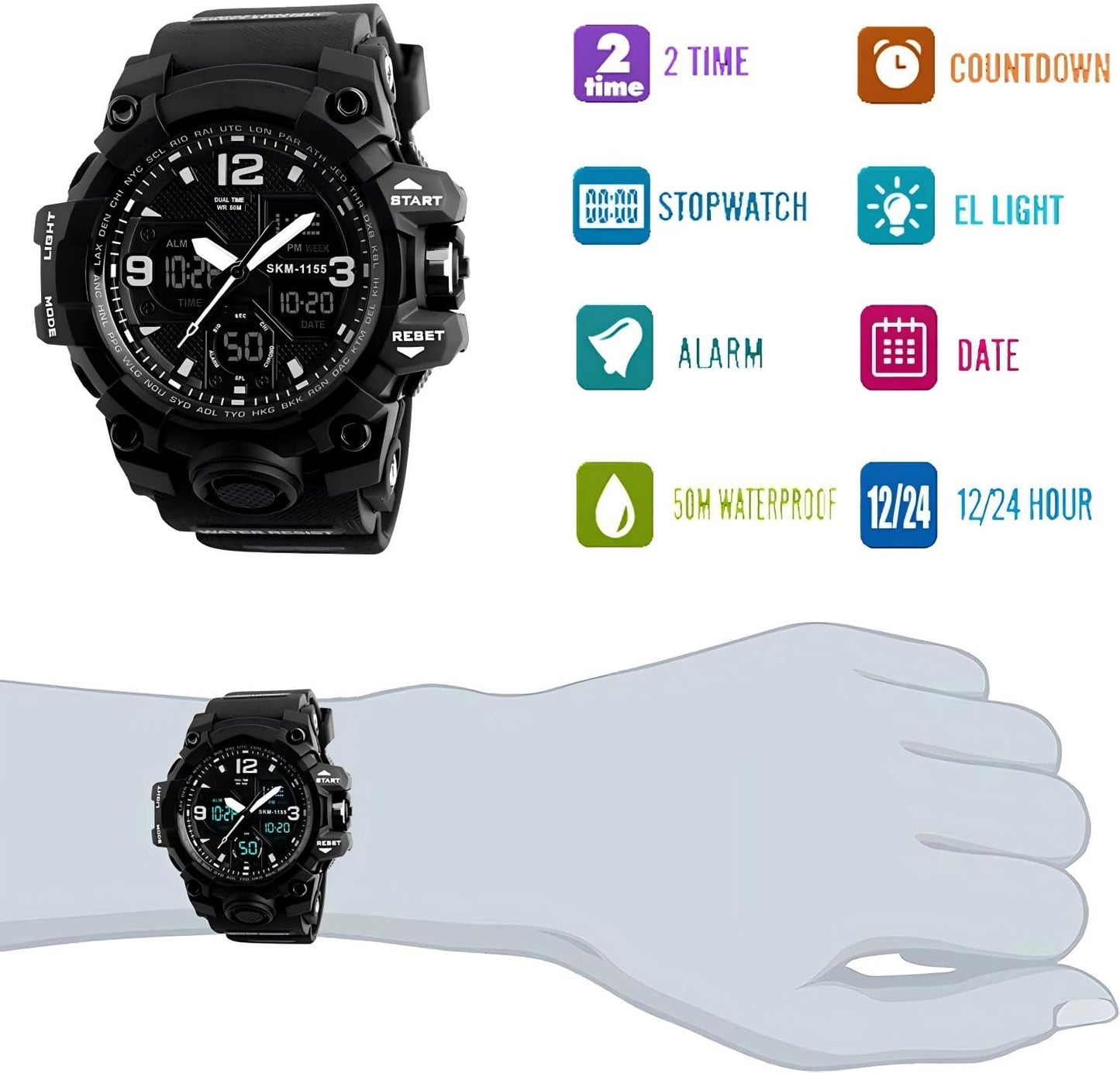 LYMFHCH Men's Analog Sports Watch, LED Military Digital Watch Electronic Stopwatch Large Dual Dial Time Outdoor Army Wrist Watch Tactical