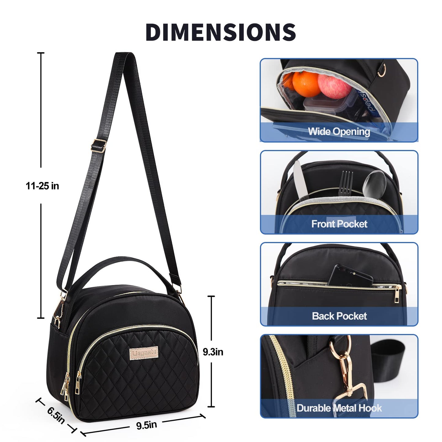 LLEGASTE Black Cute Insulated Lunch Tote Bag for Women Work,Reusable Adult Lunch Box for Women, Stylish Wide Open Cooler Bag for Work(Black)