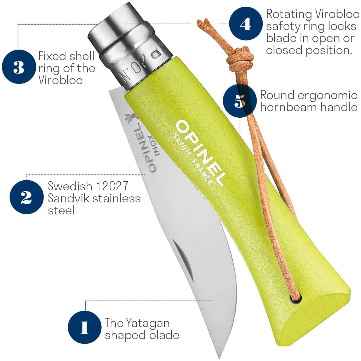 Opinel Colorama No.07 Folding Pocket Knife, Painted Wood Handles, Leather Lanyard (Anise)