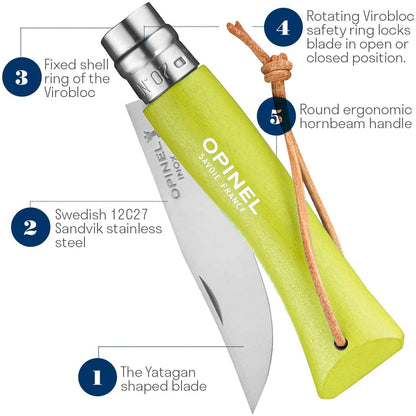Opinel Colorama No.07 Folding Pocket Knife, Painted Wood Handles, Leather Lanyard (Anise)