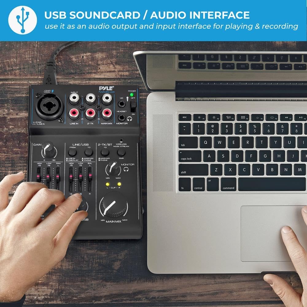 Pyle 3-Channel Bluetooth Audio Mixer - DJ Sound Controller w/ USB Soundcard for PC Recording - XLR - 3.5mm Mic Jack - 18V Phantom Power - RCA I/O - LED Indicators - Beginner & Studio Use - PAD30MXUBT