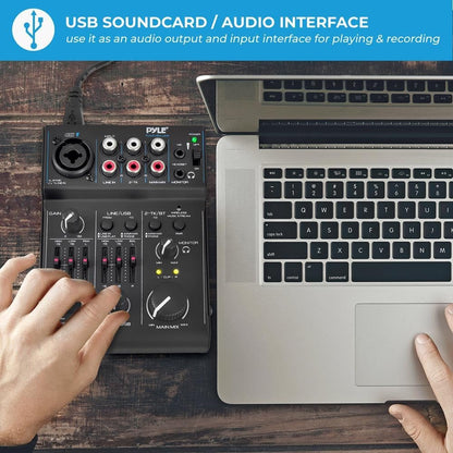 Pyle 3-Channel Bluetooth Audio Mixer - DJ Sound Controller w/ USB Soundcard for PC Recording - XLR - 3.5mm Mic Jack - 18V Phantom Power - RCA I/O - LED Indicators - Beginner & Studio Use - PAD30MXUBT