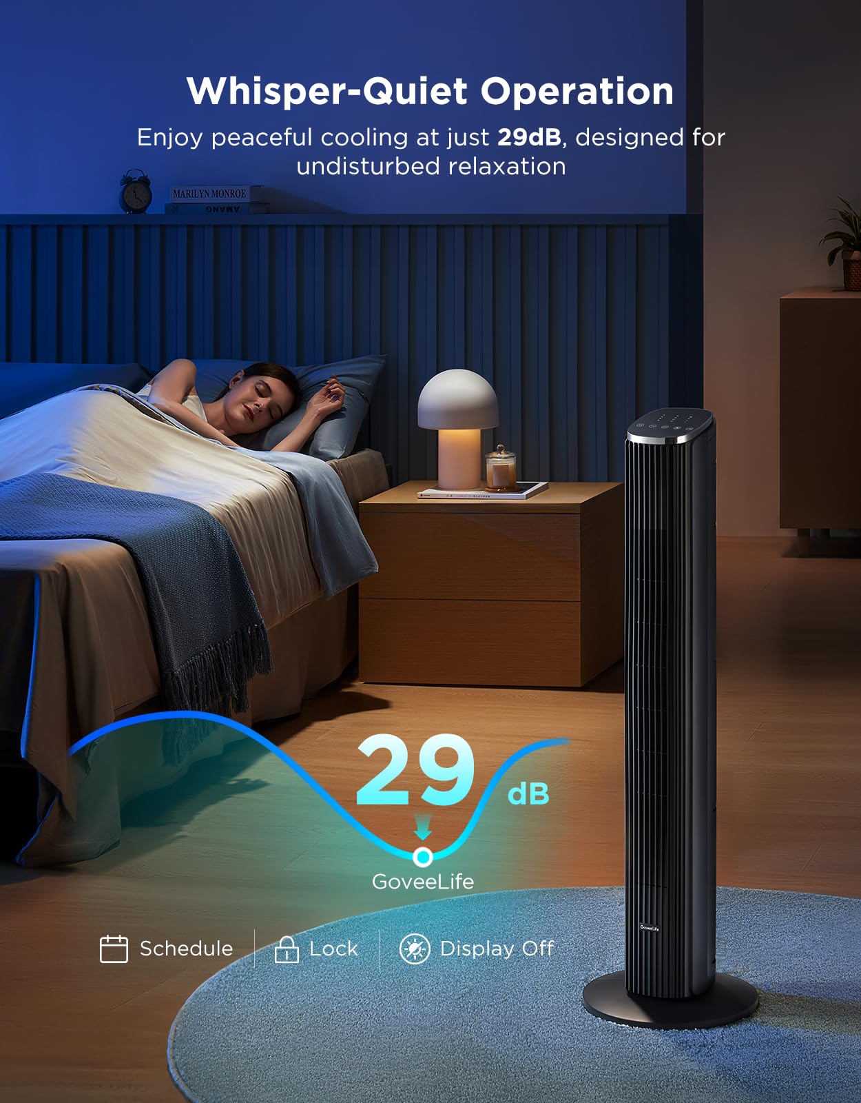 GoveeLife Black Tower Fan for Bedroom, 36" Smart Floor Fan with App/Voice Control, Temperature Sensor, 5 Modes 8 Speeds(25ft/s), 29dB Quiet Oscillating Fan for Office, 24H Timer, Auto Cooling