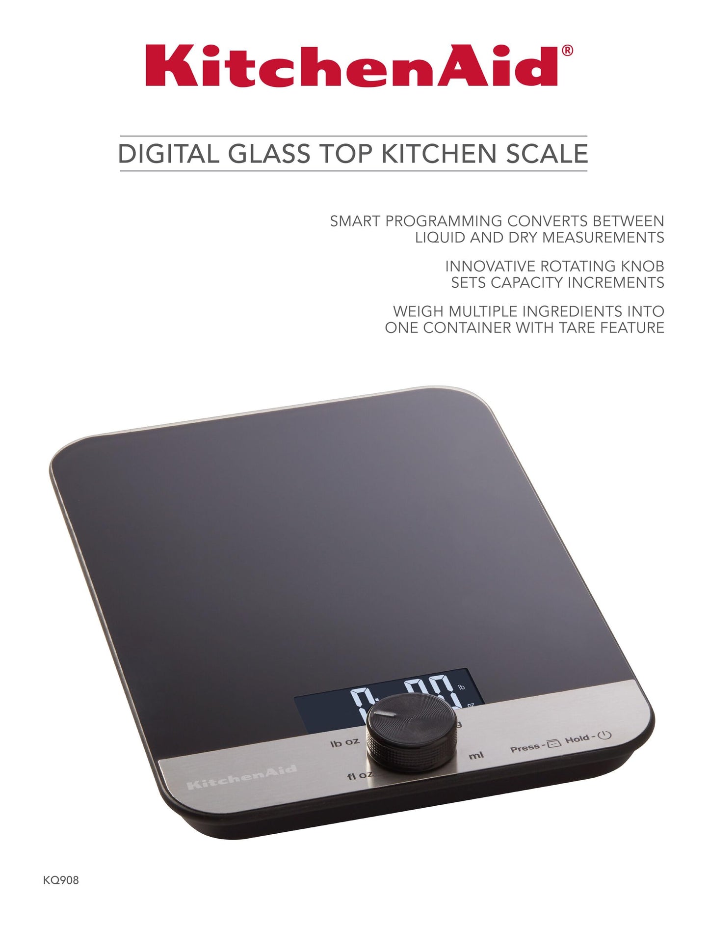 KitchenAid KQ908 Glass Surface 11 Pound Capacity Digital Kitchen and Food Scale, Scale for Food Ounces and Grams, Dry and Liquid Ingredients, Black