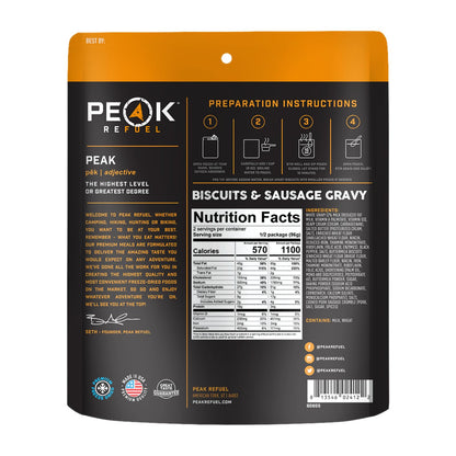Peak Refuel Biscuits & Sausage Gravy | Freeze Dried Backpacking, Camping & Emergency Prep Food | 2 Servings Pouches