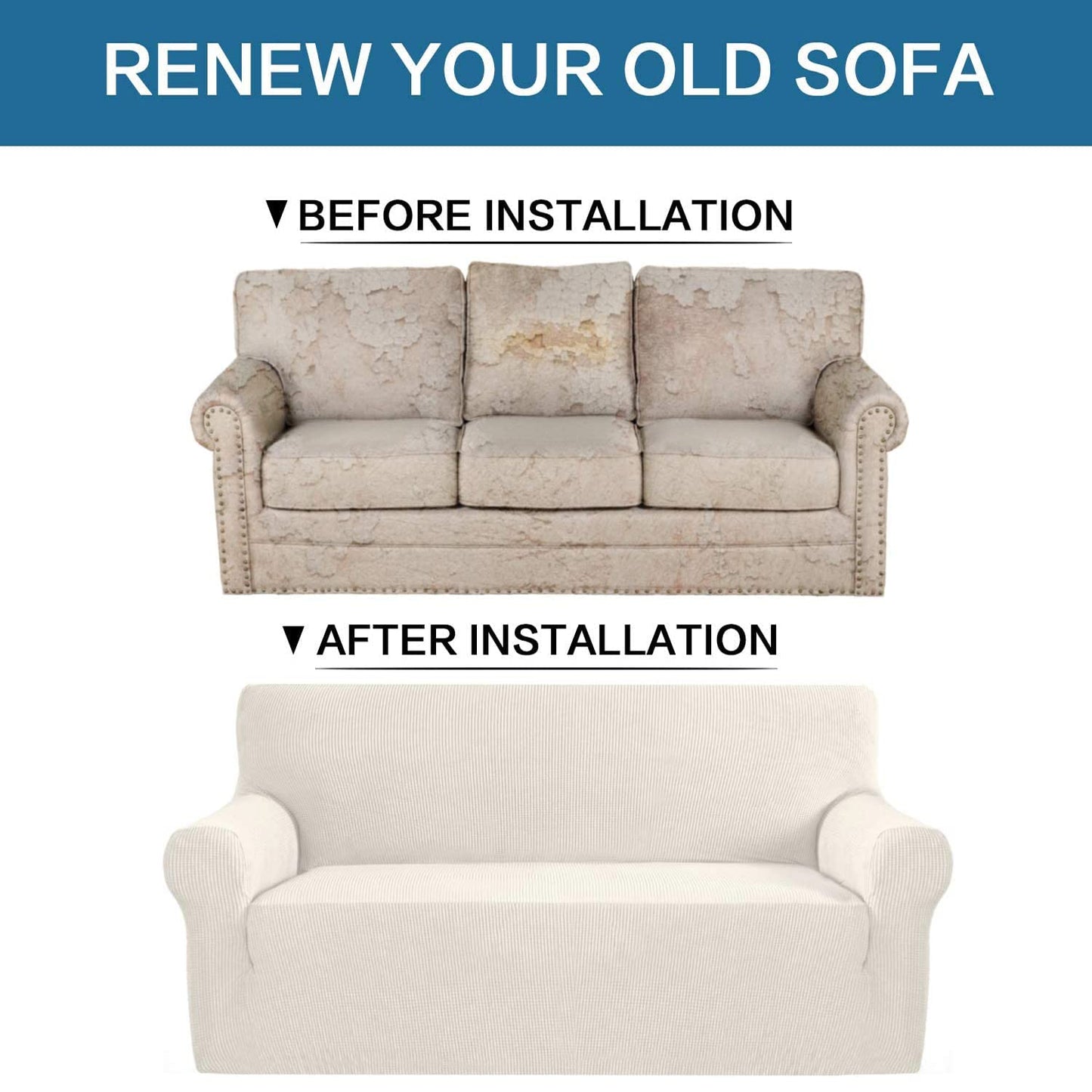 H.VERSAILTEX Stretch Sofa Covers for 3 Cushion Couch Covers Sofa Slipcovers for Living Room Feature Thick Checked Jacquard Fabric with Elastic Bottom, Sofa Large - Ivory