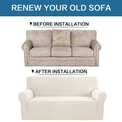 H.VERSAILTEX Stretch Sofa Covers for 3 Cushion Couch Covers Sofa Slipcovers for Living Room Feature Thick Checked Jacquard Fabric with Elastic Bottom, Sofa Large - Ivory