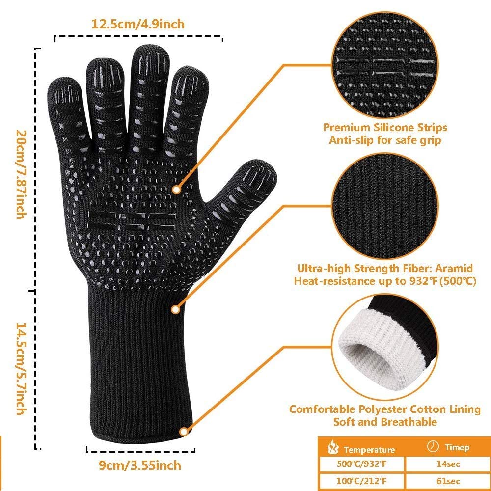 Heat Resistant BBQ Gloves for Hot Temperature Cooking, Barbecue Grilling or Baking Bread Pizza, Safe Oven Mittens with Fingers