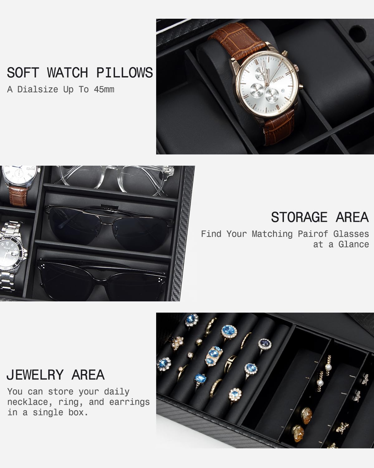 GUKA Watch box, 6 Slot Watch Case, 3 Slot Sunglass Organizer, Watch Cases for men with Real Glass Lid, Watch Organizer storage with Jewelry Case, Birthday for Men and Women, Black