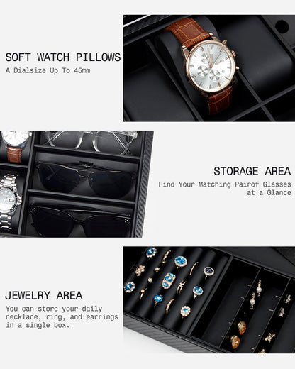 GUKA Watch box, 6 Slot Watch Case, 3 Slot Sunglass Organizer, Watch Cases for men with Real Glass Lid, Watch Organizer storage with Jewelry Case, Birthday for Men and Women, Black