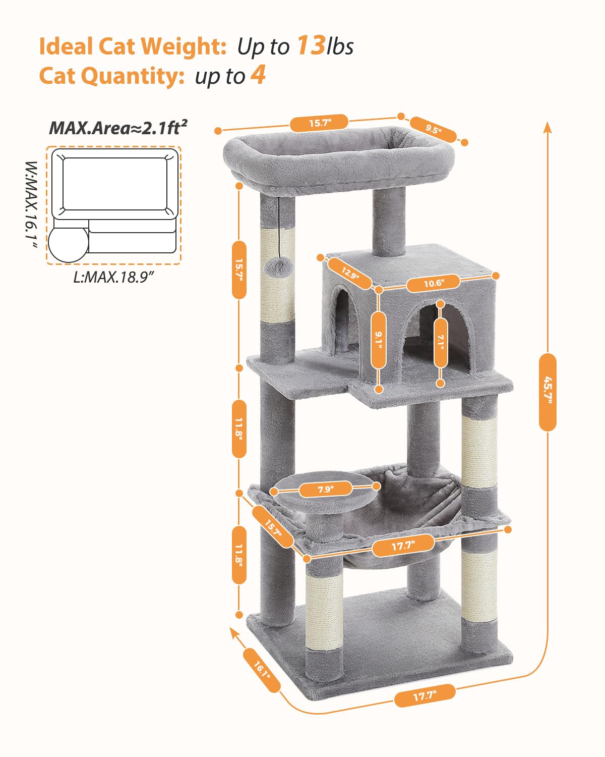PETEPELA 45.7" Cat Tree for Indoor Cats, 5-Level Cat Tower for Large Cats with Metal Frame Large Hammock (17.3"x15.3"), Cat Condo with (18.5"x13") Big Top Perch & 4 Sisal Covered Scratching Post Grey