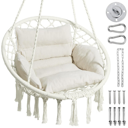 Greenstell Hammock Chair, Macrame Swing Chair with Comfy Cushion, Boho Hanging Chair for Outdoor & Indoor, Perfect for Bedroom, Patio, Balcony, Hold up to 330Lbs, White