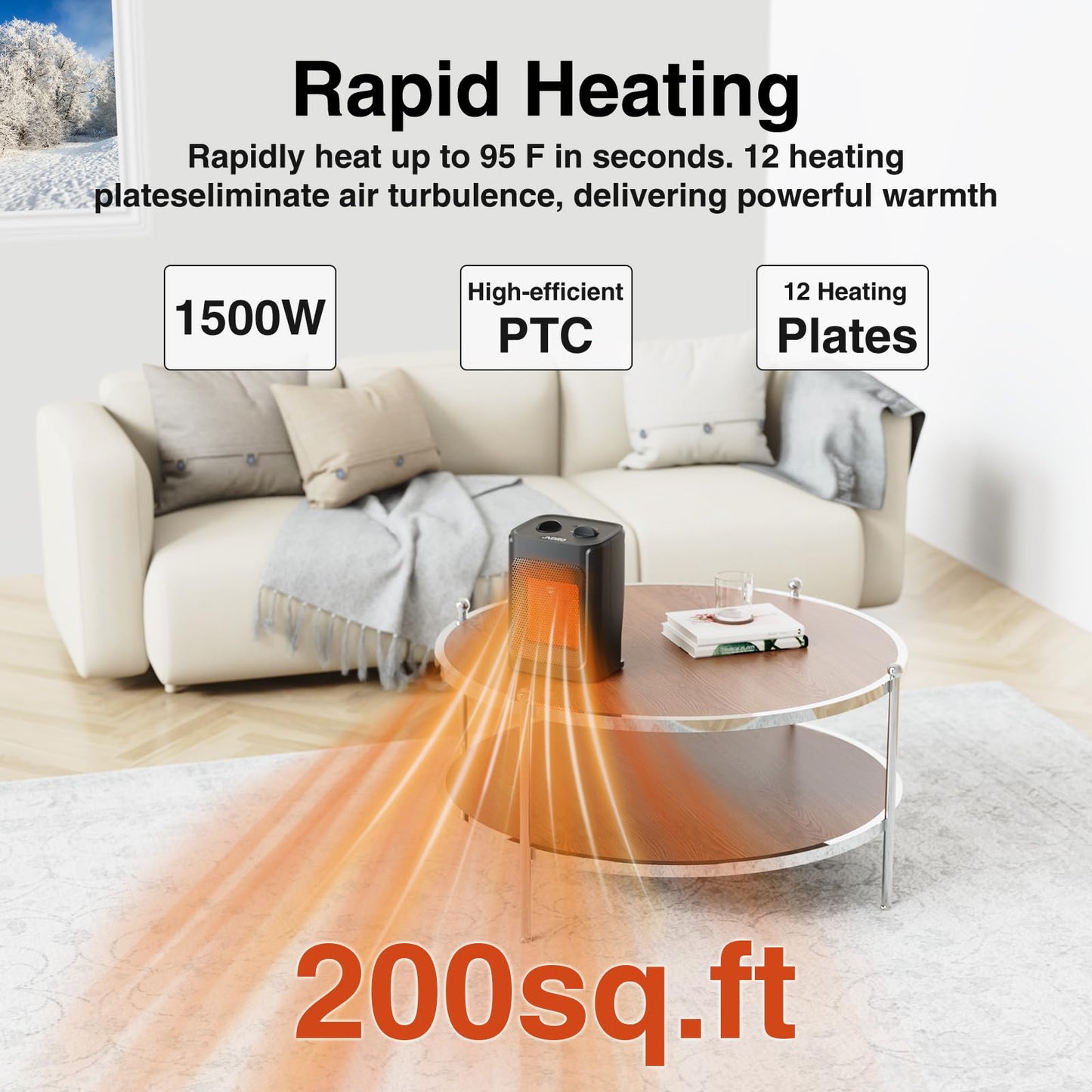 JNDRO Portable Electric Space Heater - 1500W/750W Quiet Ceramic mini Heater Fan with Thermostat, Heat Up 200 Square Feet for Room Office Desk Indoor Use