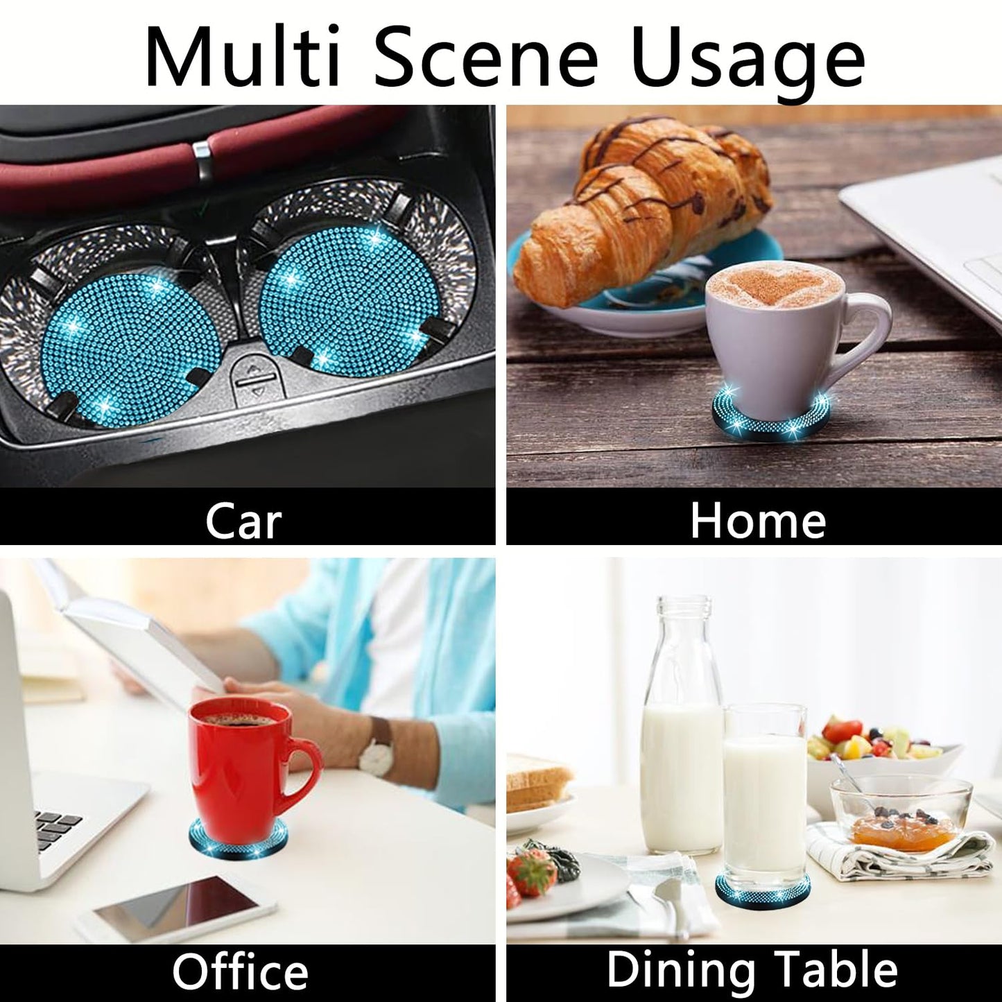 NBTEPEM 2pcs Bling Car Cup Holder Coaster, 2.75 inch Anti-Slip Shockproof Universal Fashion Car Coasters Insert Bling Crystal Rhinestone Automotive Interior Accessories for Women (2 pcs, Aquamrine)