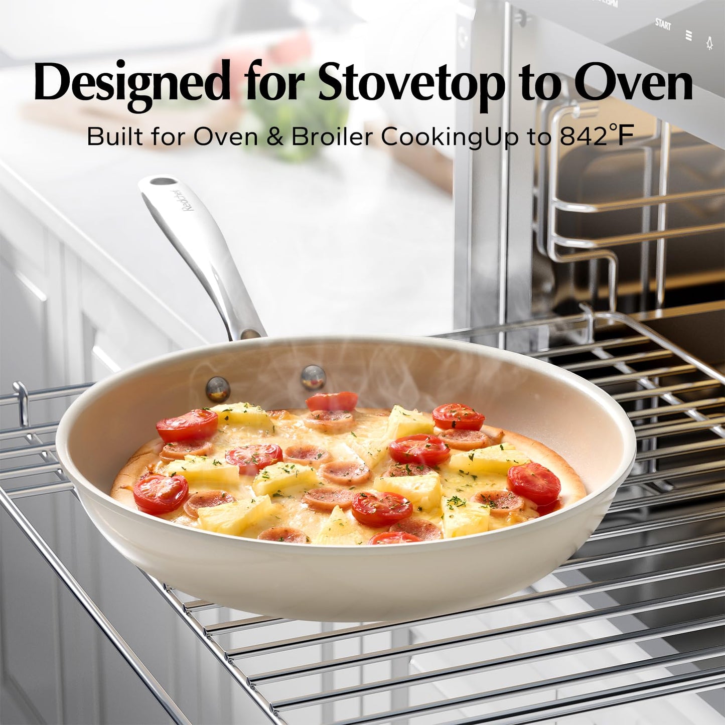 Redchef Nonstick Frying Pans Set, Ceramic Pan Skillet, Non Toxic Pans for Cooking, 8" 9.5" 11" Ceramic Frying Pan Set PFAS & PTFE & PFOA Free with Stay Cool Handle, Dishwasher & Oven Safe, Beige White