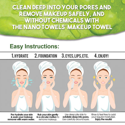 Nano Towel Makeup Remover Face Wash Cloth Multi Color 3-PACK. Remove Cosmetics FAST and Chemical Free. Wipes Away Facial Dirt and Oil Like An Eraser. Great for Sensitive Skin, Acne (Grey, Pink, Green)