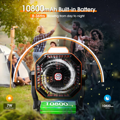 Rechargeable Solar Powered Fan,(30Hours Working) Solar Camping Fans & Led Lantern,8-inch Portable Fan with 7W Solar Panel, Battery Operated Powered Outdoor Tent Fans for Camping Essentials Accessories