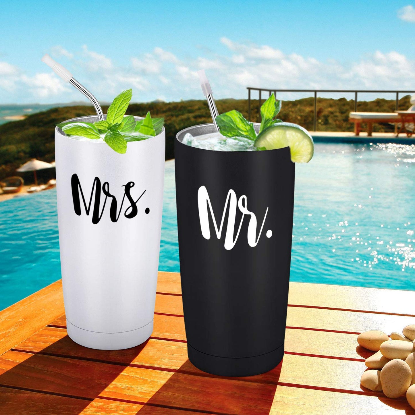 Mr and Mrs Tumbler Set of 2 Stainless Steel Travel Tumbler Ideas for Newlyweds Couples Wife Bride To Be Newly Engaged Bridal Shower, Insulated Travel Tumbler for Wedding Engagement(20 oz, Black&White)