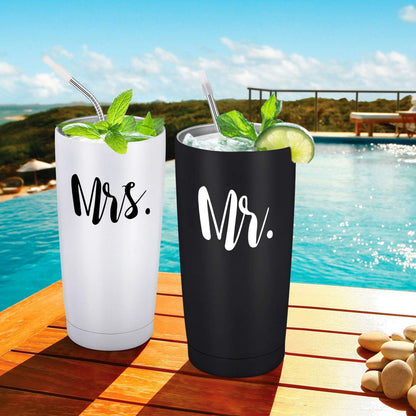 Mr and Mrs Tumbler Set of 2 Stainless Steel Travel Tumbler Ideas for Newlyweds Couples Wife Bride To Be Newly Engaged Bridal Shower, Insulated Travel Tumbler for Wedding Engagement(20 oz, Black&White)