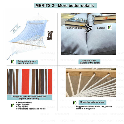 GOCAN Mesh Hammock,Cotton Rope hammocks with Pad Chains Hooks Tree Straps fit Stands from 9' to 15' for Outside Indoor Patio Yard