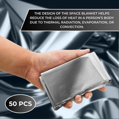 HealthyLine Thermal Foil Emergency Blankets (50 Pack) – Mylar Space Blanket for Heat Retention, Waterproof & Windproof, Lightweight Survival Gear for Outdoors, Camping, First Aid, and Sauna Use