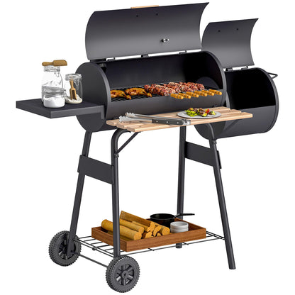 Outsunny 48" Portable Barrel Charcoal BBQ Grill, Steel Outdoor Barbecue Smoker with 232 Square Inches Cooking Space, Storage Shelf, Wheels for Garden Camping Picnic, Black