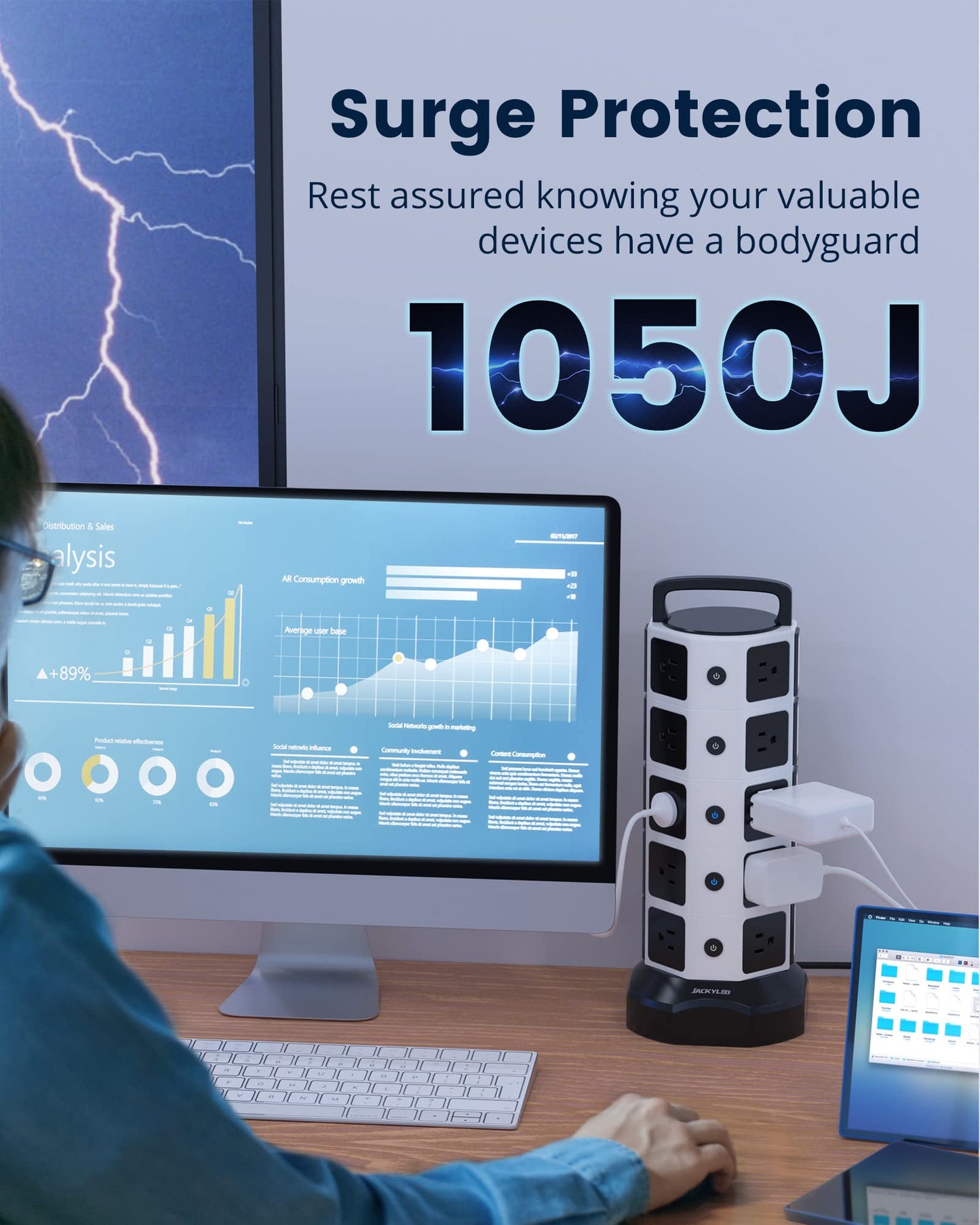 Power Strip Tower Surge Protector, JACKYLED 20 Outlets 6 USB (2 USB C) Charging Station, Extension Cord with Multiple Outlets, 1050J 1625W/13A Outlet Extender 6.5ft Extension Cord for Home Office