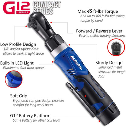 ACDelco ARW1209-K9 G12 Series 12V Lithium-Ion Battery And Charger Cordless 1/4” & 3/8” Ratchet Wrench Combo Tool Kit with Canvas Bag