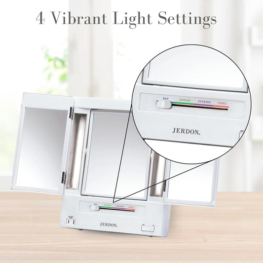 JERDON Tri-Fold Two-Sided Makeup Mirror with Lights - Vanity Mirror with 5X-1X Magnification & Multiple Light Settings - White - Model JGL9W