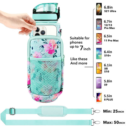Newfad 32 oz Water Bottles with Straw & Strap, Motivational with Times to Drink, BPA Free Reusable Sports Water Bottle with Sleeve for Hiking, Travel, Running or Fitness (Spring Bouquet)