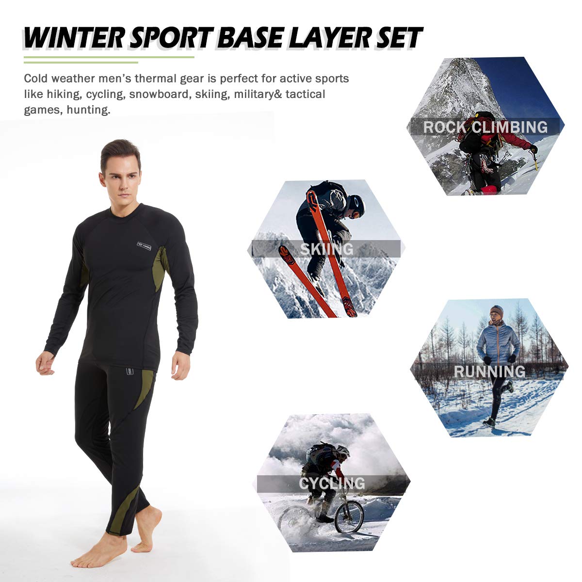 Men’s Thermal Underwear Set, Cold Weather Fleece Lined Sport Long Johns Base Layer Quick Drying Thermo for Hunting Skiing-M