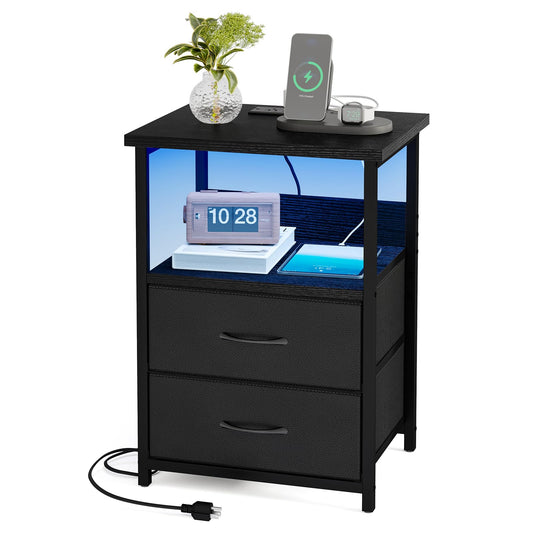 Fixwal Night Stand with Charging Station, LED Nightstand with U-S-B Ports and Outlets, 2 Fabric Storage Drawers with PU Finish, Small Bedside Table, Black
