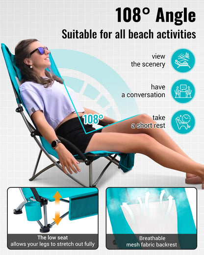 KingCamp Low Beach Chairs 2 Pack, Folding Portable Chair for Adults lightweight Extra Wide Ergonomic High Back Seat 300lbs Heavy Duty Oversized Gear with Carry Bag for Outdoor Lawn Camping Picnic
