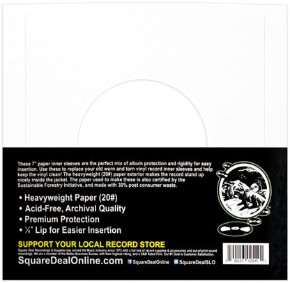 (50) Square Deal Recordings & Supplies 7 Inch Record Paper Inner Sleeves - White Archival Acid Free - #07IW - 50 Sleeves