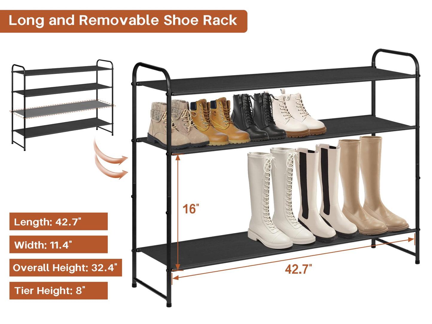 KIMBORA 4 Tier Long Shoe Rack for Closet Floor, Wide Shoe Shelf Storage Organizer 30-Pairs Stackable Sneaker Organizer for Closet, Bedroom (Black)