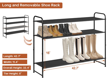 KIMBORA 4 Tier Long Shoe Rack for Closet Floor, Wide Shoe Shelf Storage Organizer 30-Pairs Stackable Sneaker Organizer for Closet, Bedroom (Black)